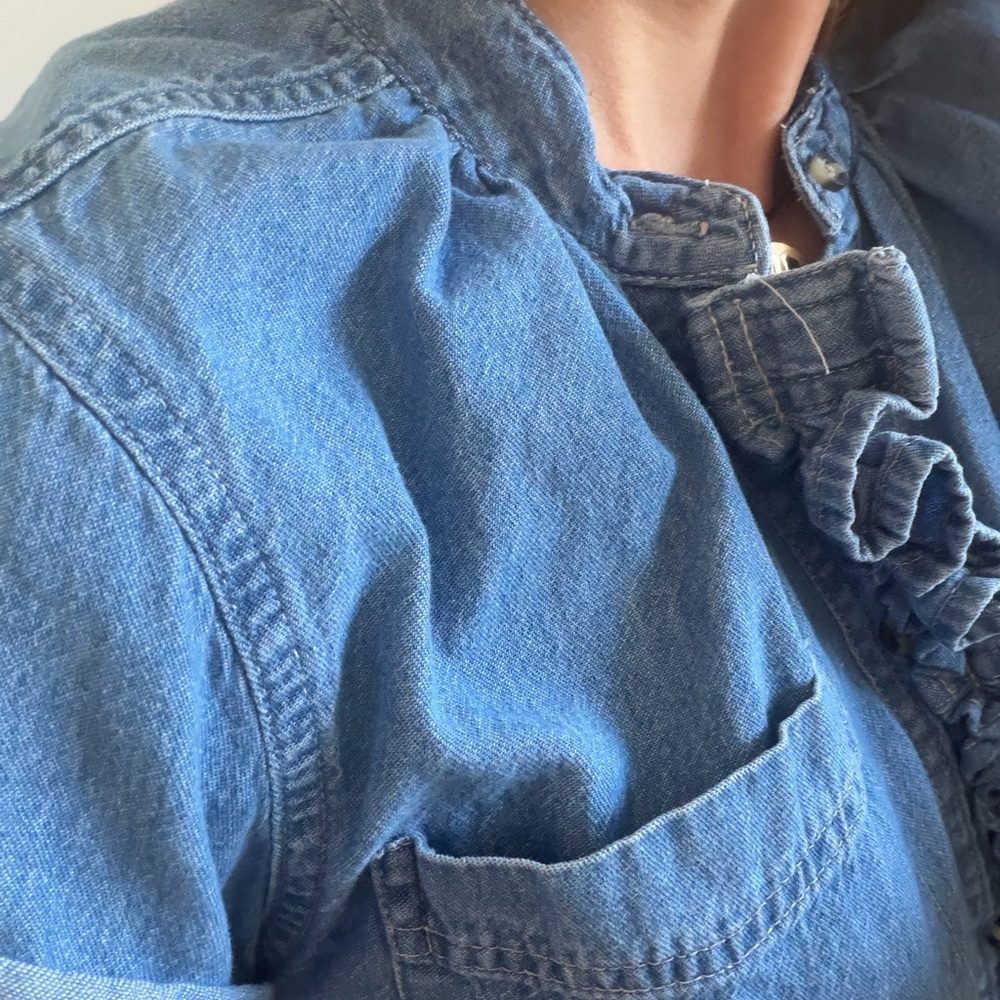 KMJ "CORI" Denim vertical Ruffle Button-Down Shirt - Light Blue - Picture 3 of 15